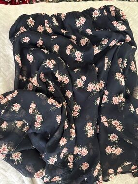 CJ Banks Navy & Pink Floral Chiffon Midi Skirt 1X